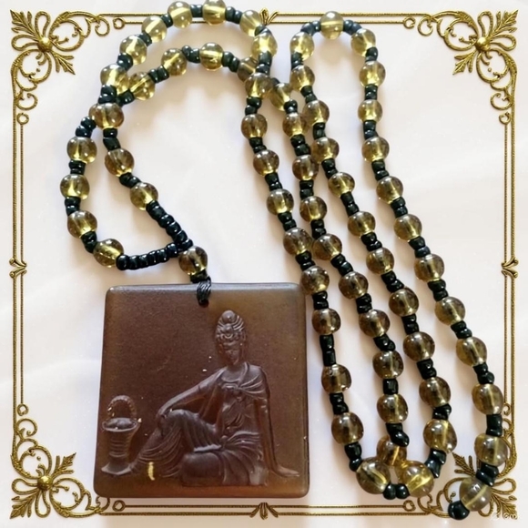 cameo Jewelry - Cameo Amber Glass Pendant Beaded Prayer Beads Knot Necklace Jewelry Art Deco